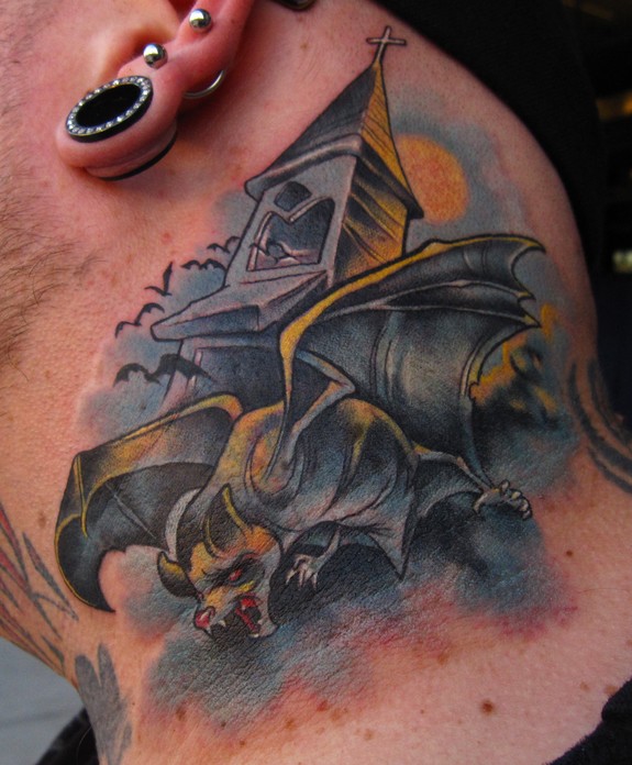 Vampire Bat neck tattoo by Scotty Munster: TattooNOW